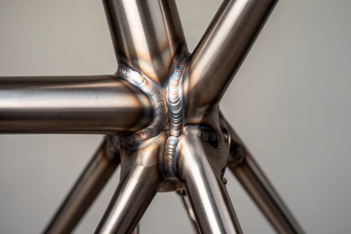 Close-up of a bare titanium bicycle frame weld and round tube junction