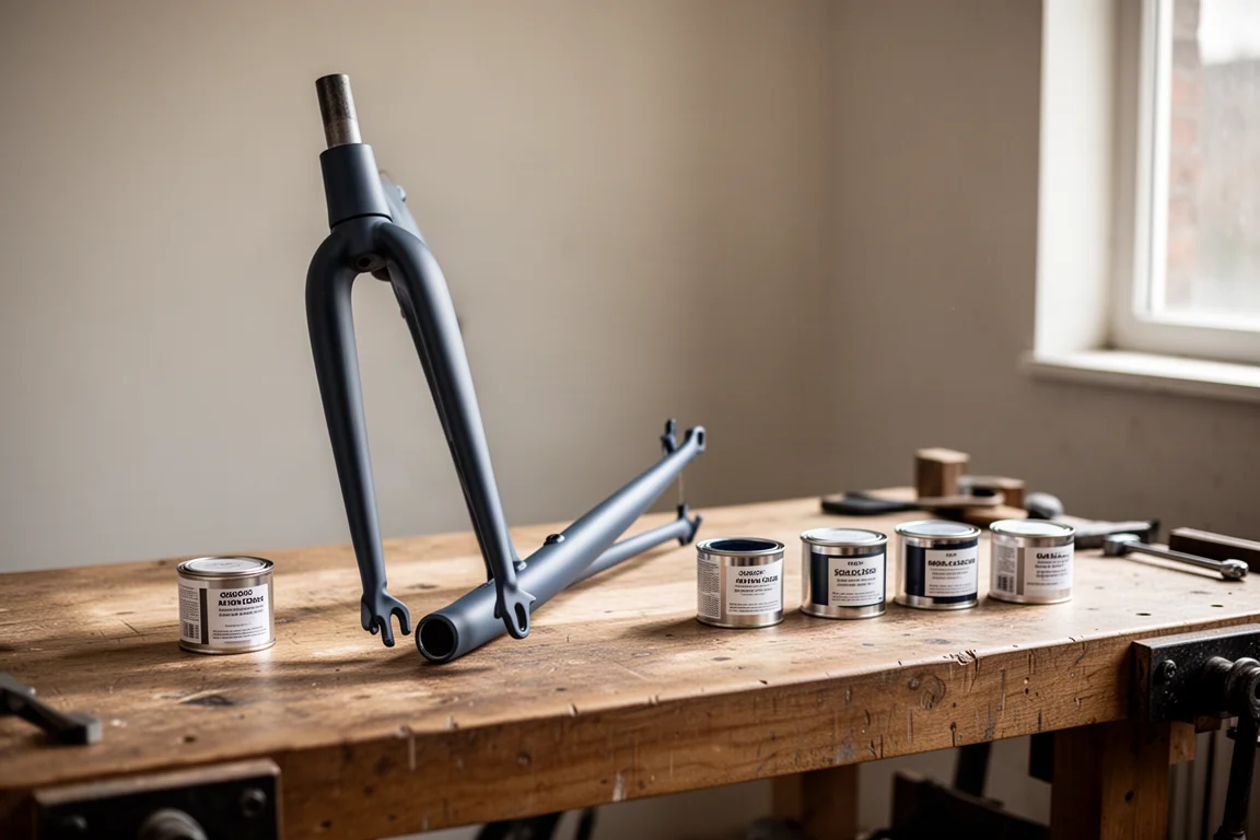 Matte ceramic-coated bicycle fork in a deep colour resting on a workshop bench