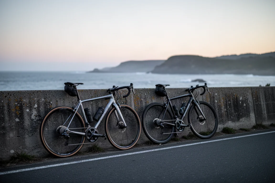 Two road bikes leaning against a wall on a coastal road at dusk
