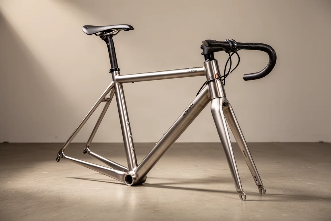 Bare titanium road bike frame with integrated carbon cockpit on concrete surface
