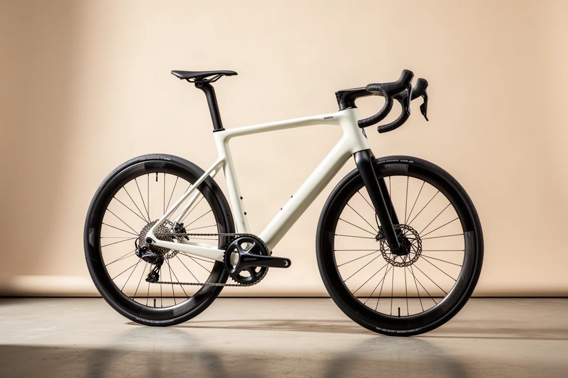 Aluminum road race bike in off-white paint with deep carbon wheels on concrete