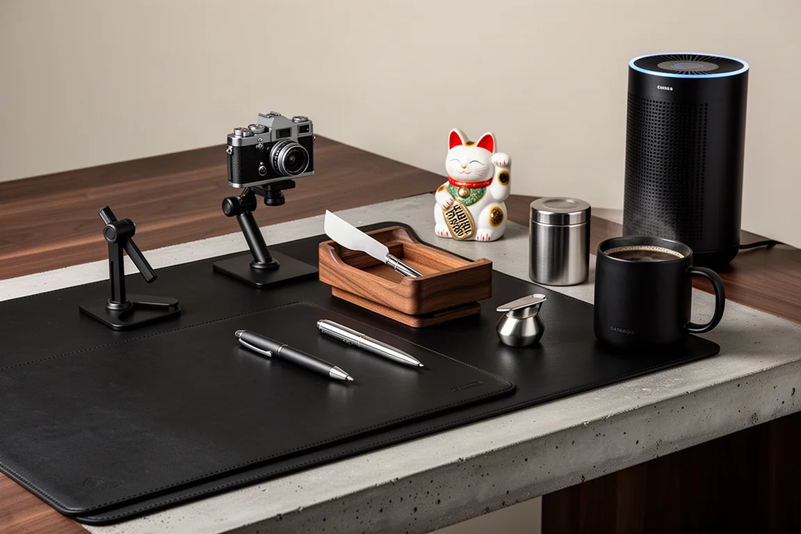 Colección de accesorios de escritorio en negro mate dispuestos sobre una superficie de escritorio oscura