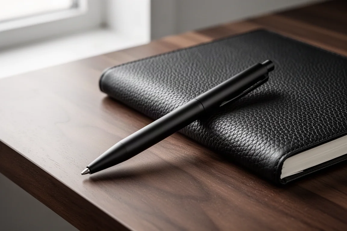 Matte black full-metal pen resting on a dark desk beside a leather notebook