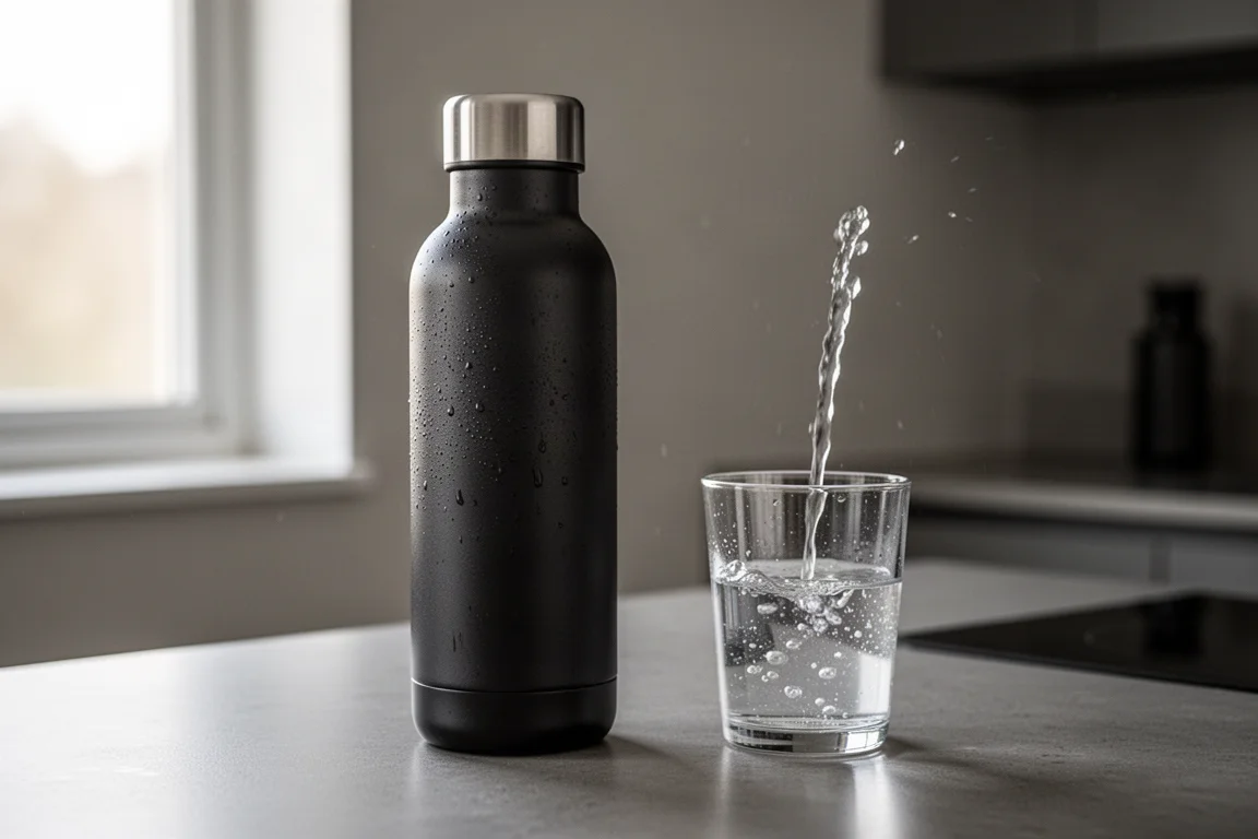 Water being poured from a dark insulated bottle into a glass in a modern kitchen