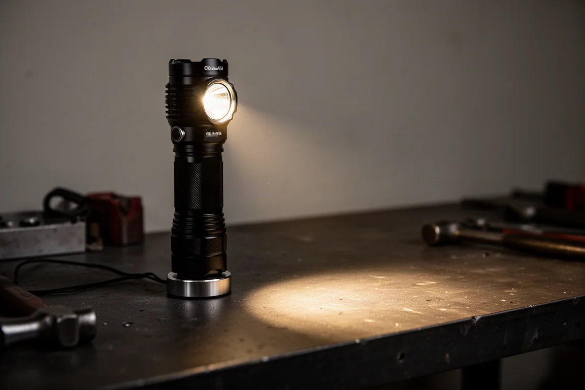 Compact metal flashlight casting a wide beam across a dark workbench