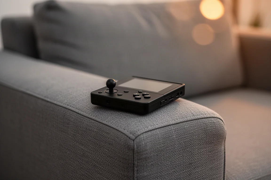 Tiny handheld gaming console resting on a couch armrest in soft evening light