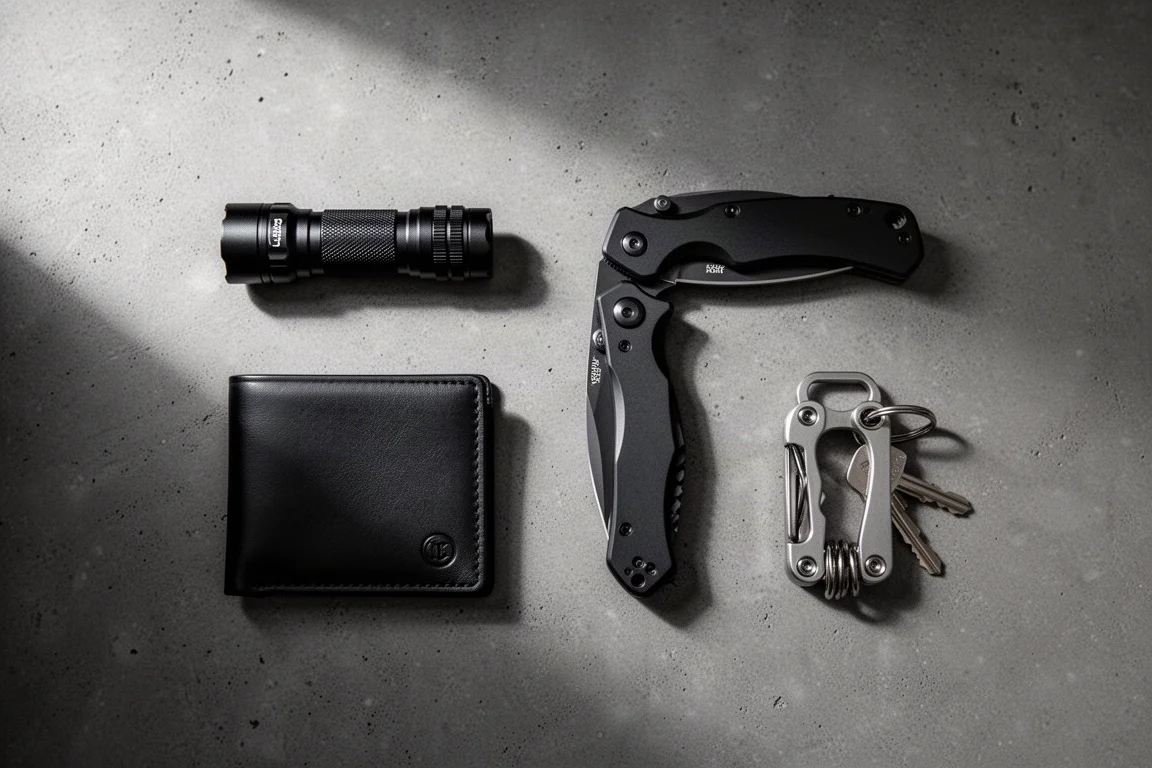Attrezzatura da everyday carry nero disposta su una superficie di cemento scuro