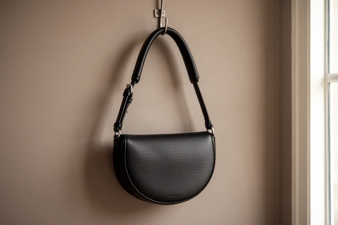 Borsa a tracolla nera appesa a un gancio in luce soffusa