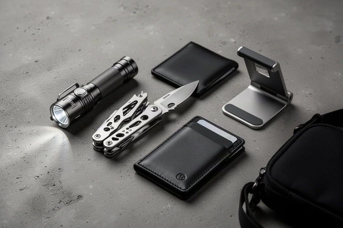 Oggetti da everyday carry nero disposti su una superficie di cemento scuro
