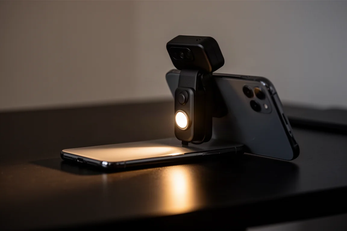 Linterna negra delgada montada magnéticamente en la parte trasera de un smartphone en una habitación oscura