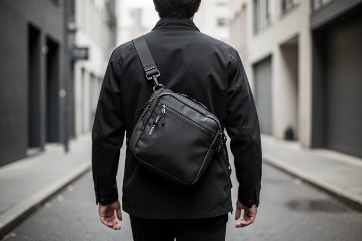 Sling bag negro compacto usado cruzado en la espalda a la luz suave del día
