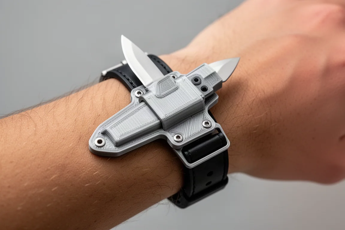 Pequena faca de metal montada numa pulseira de relógio no pulso