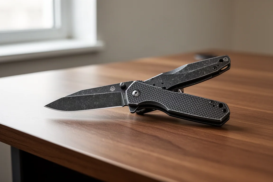 Fickkniv med svart stonewashed blad öppen på ett träbord
