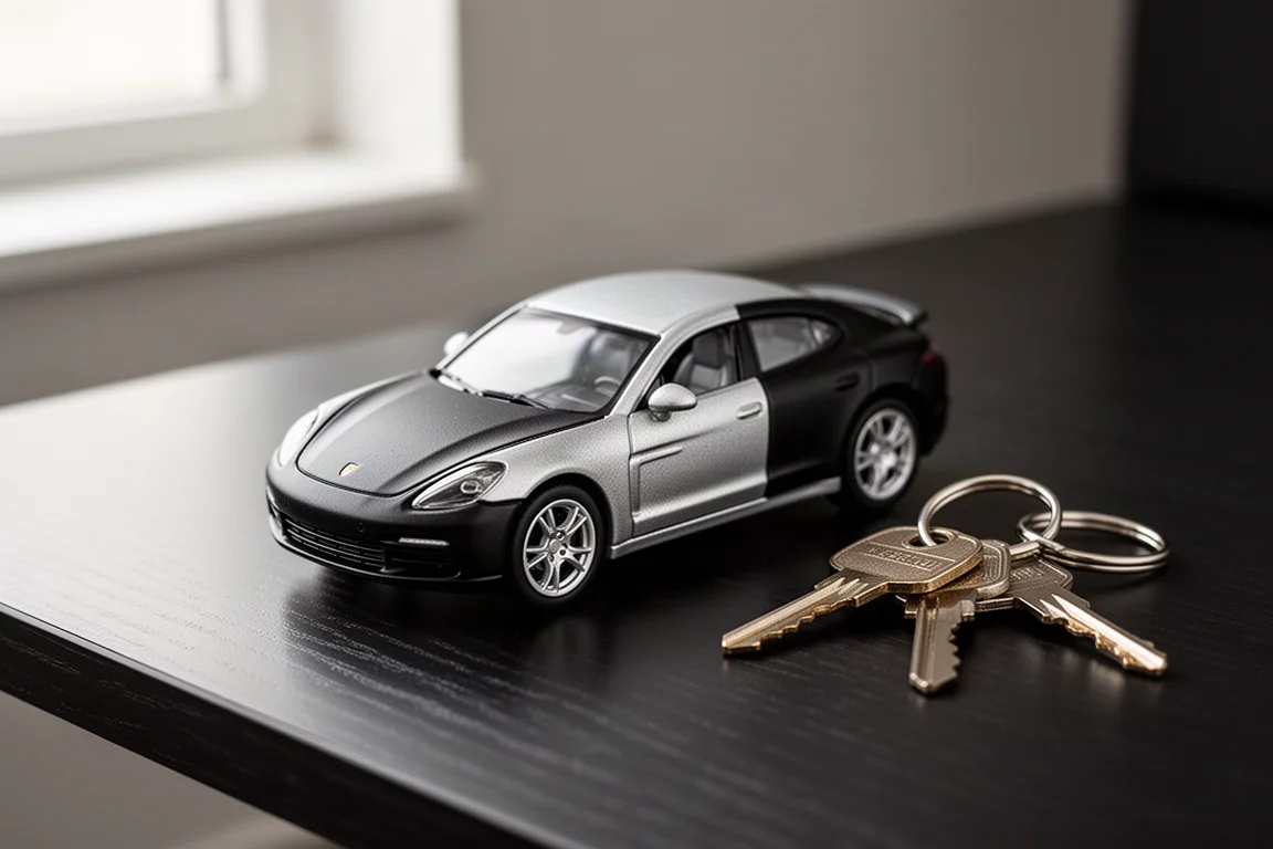A small metal toy car lighter resting on a dark desk beside a set of keys