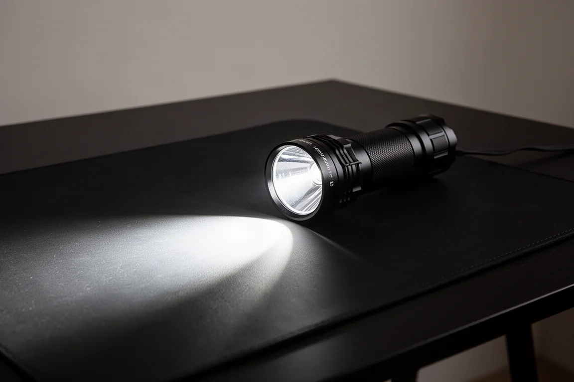 A rugged black flashlight casting a wide beam across a dark table