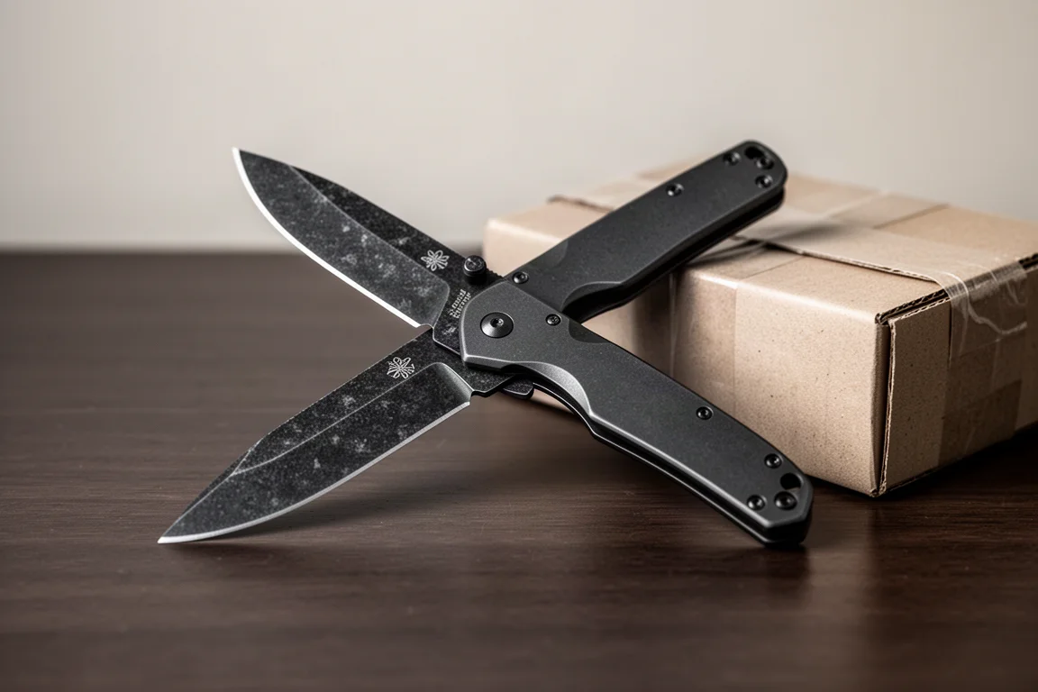 A folding knife with a black stonewash blade half opened on a wooden desk
