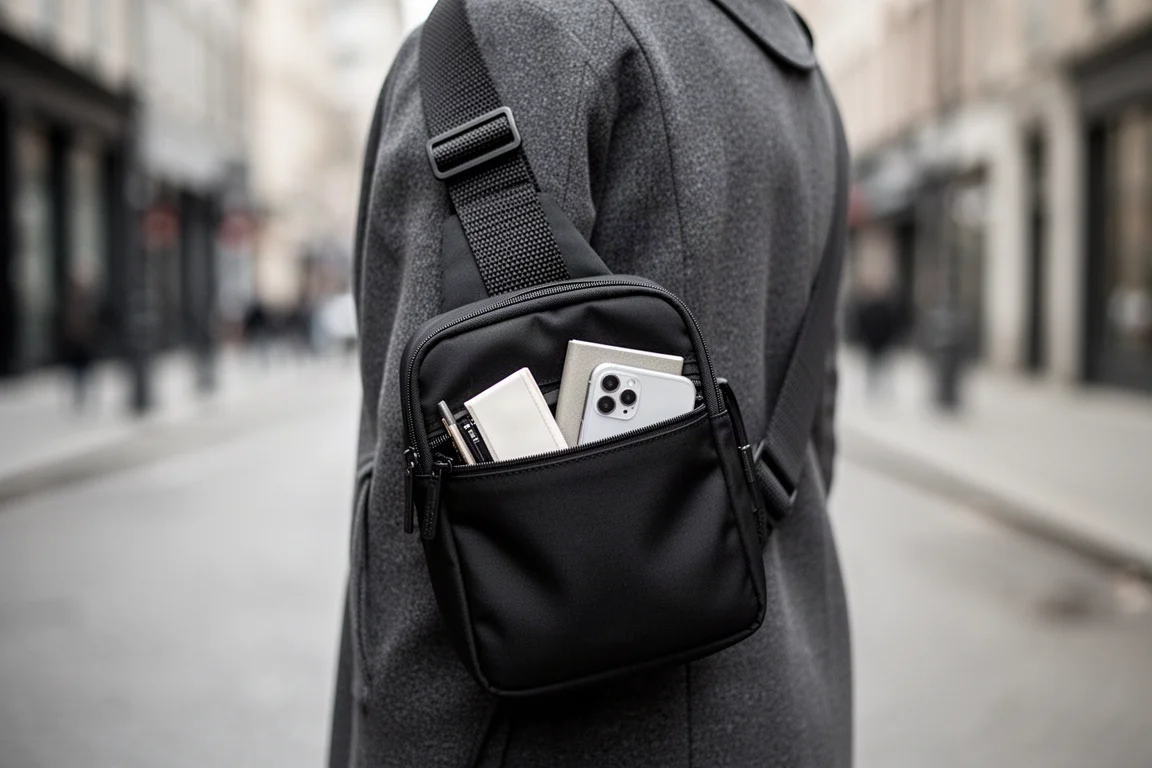 A black sling bag worn over the shoulder with everyday carry items visible