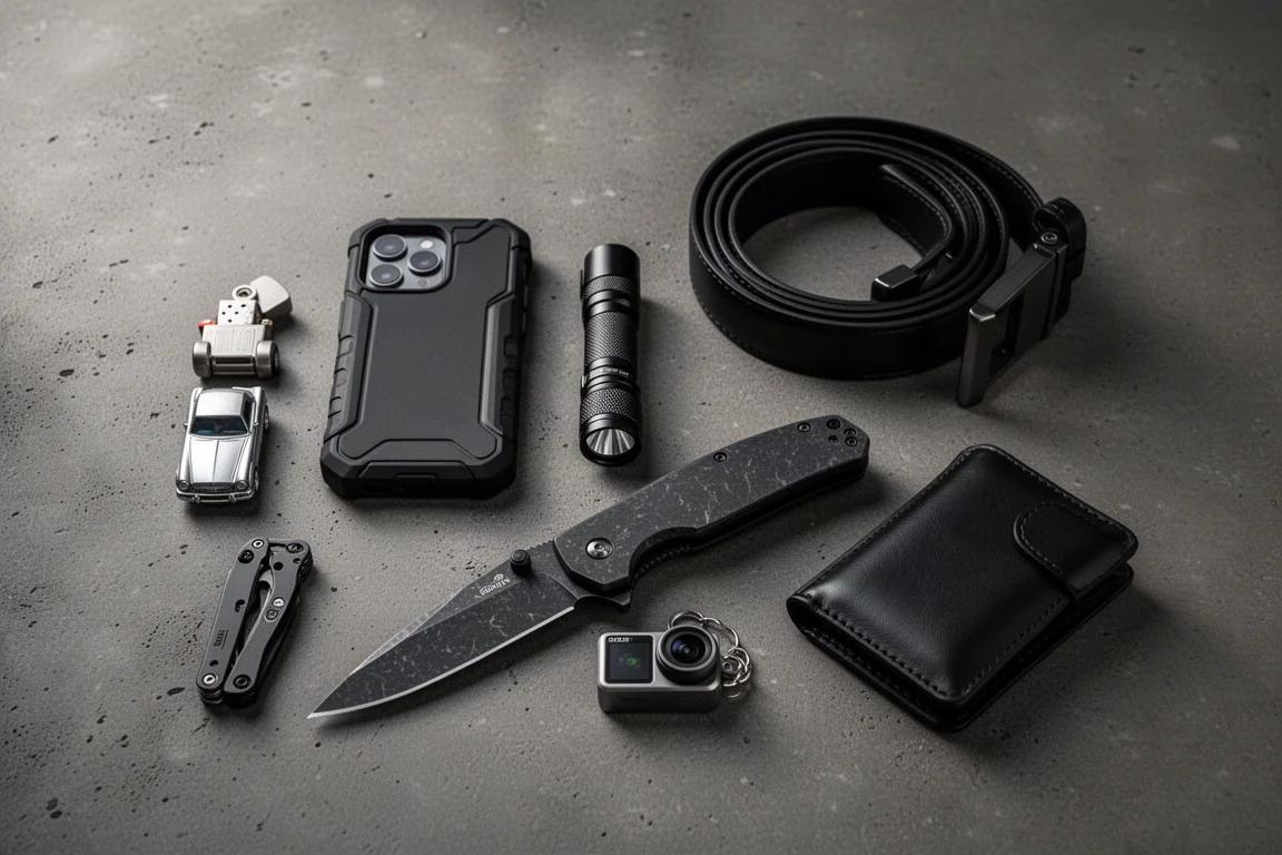 Flat-lay of blackout everyday carry items including a flashlight, knife, belt, and wallet on dark concrete