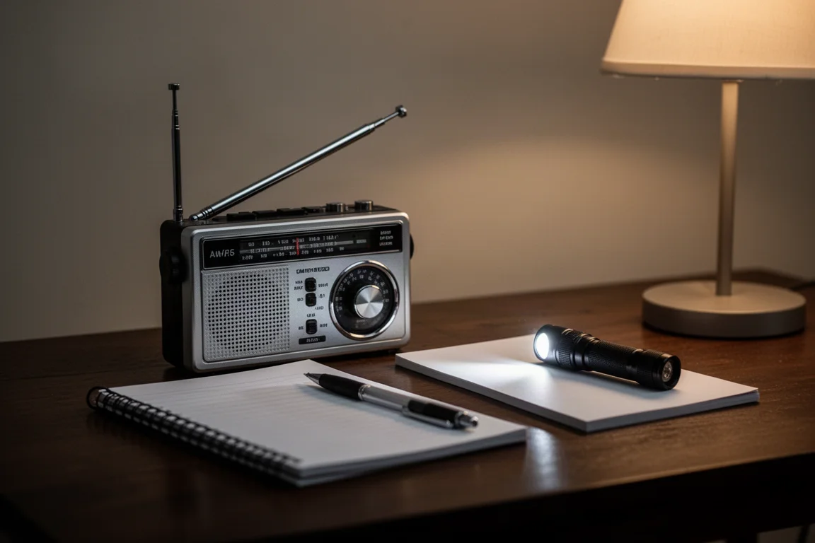 Radio à piles analogique et bloc-notes avec stylo sur une table sombre à côté d'une lampe de poche