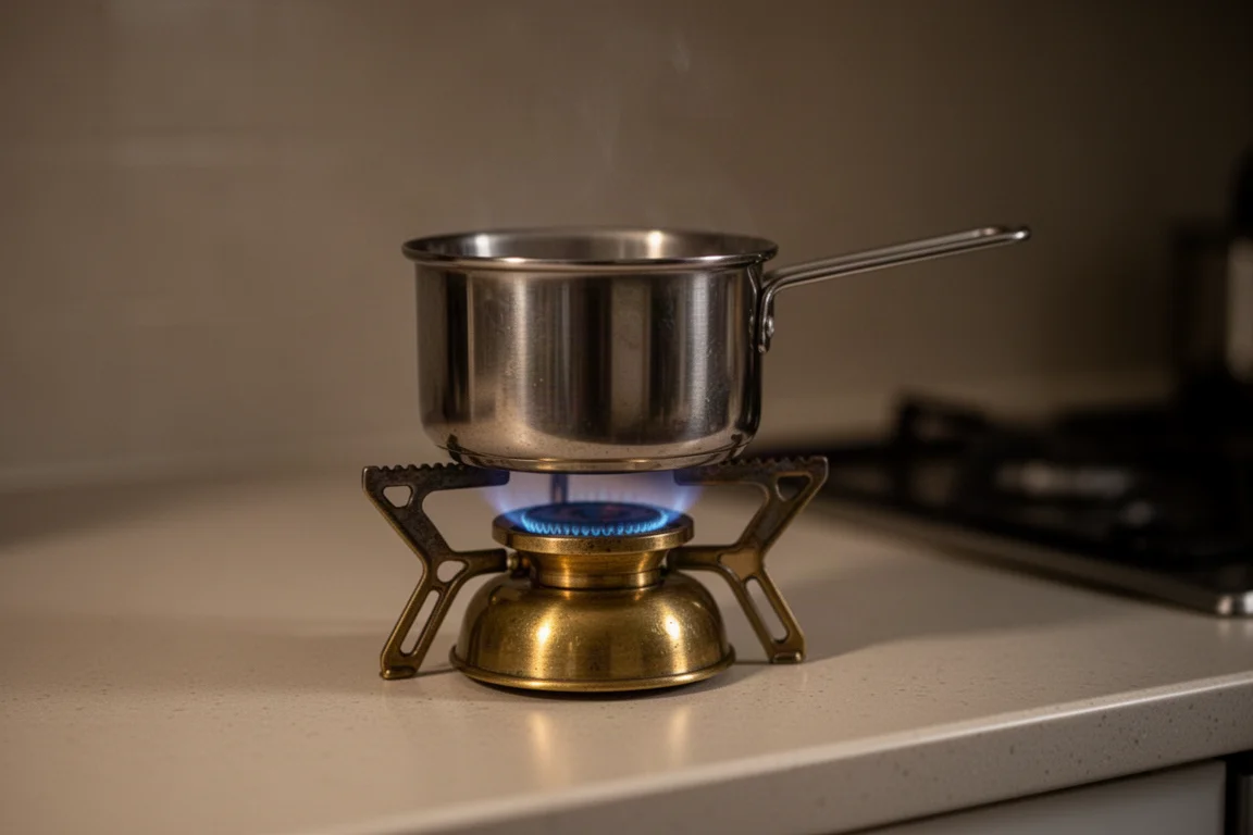 Réchaud compact à alcool avec une petite casserole utilisé sur un plan de travail