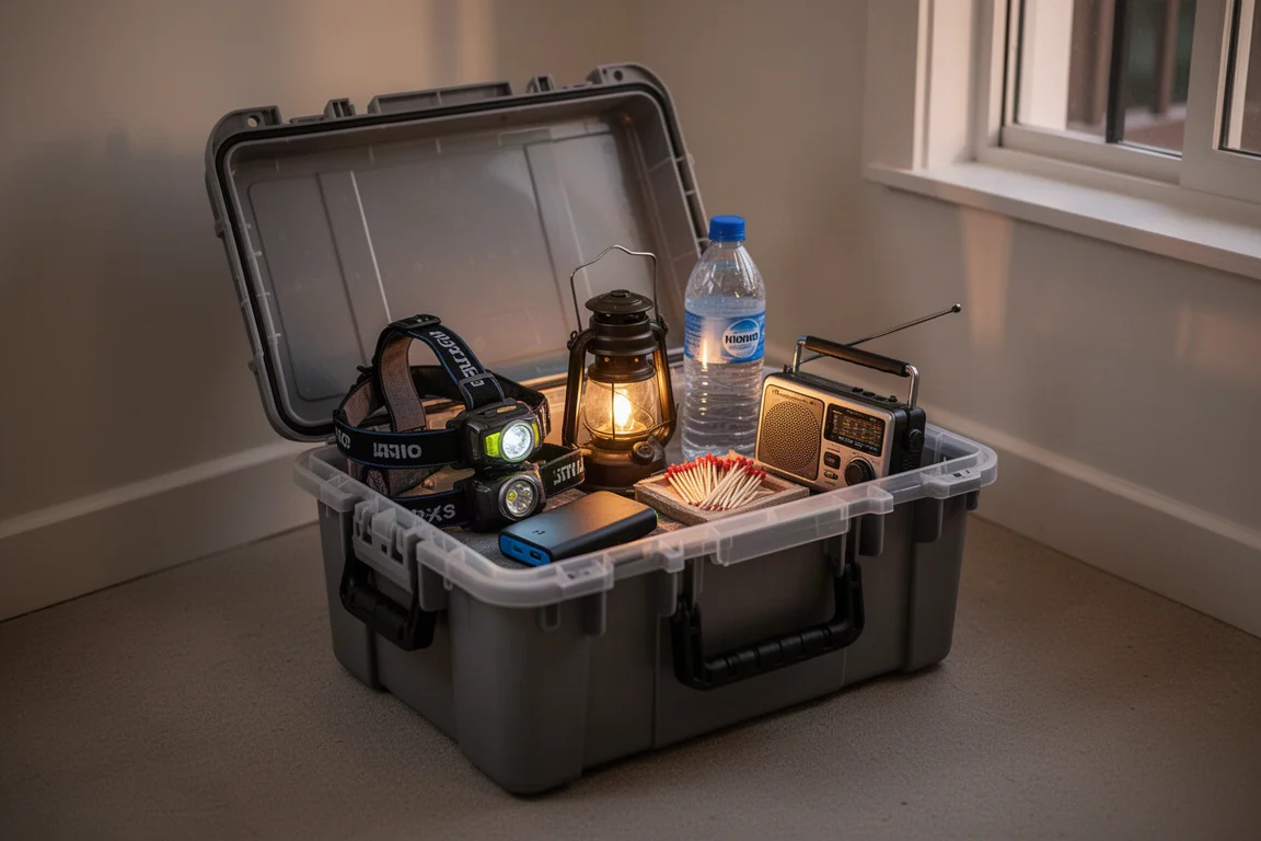 Solide boîte de rangement en plastique remplie de fournitures d'urgence dans un couloir