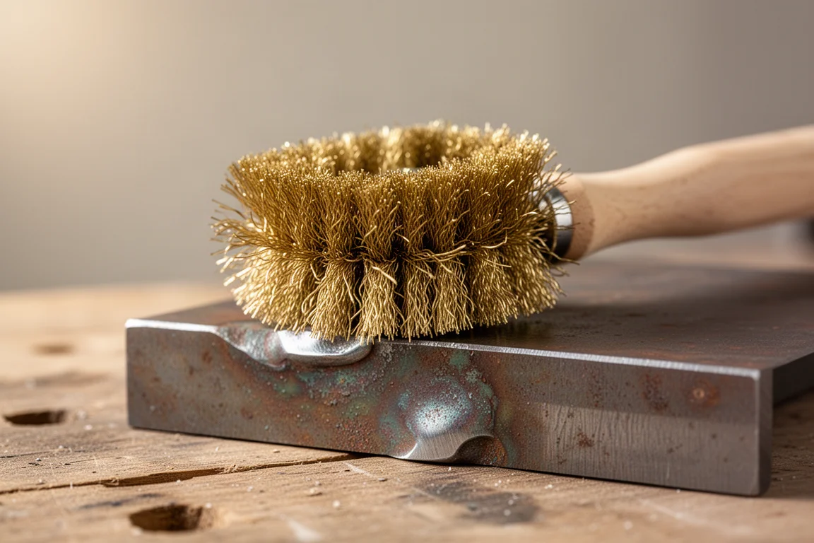 Close-up van de messing haren van een staalborstel tegen een bewerkte metalen ondergrond