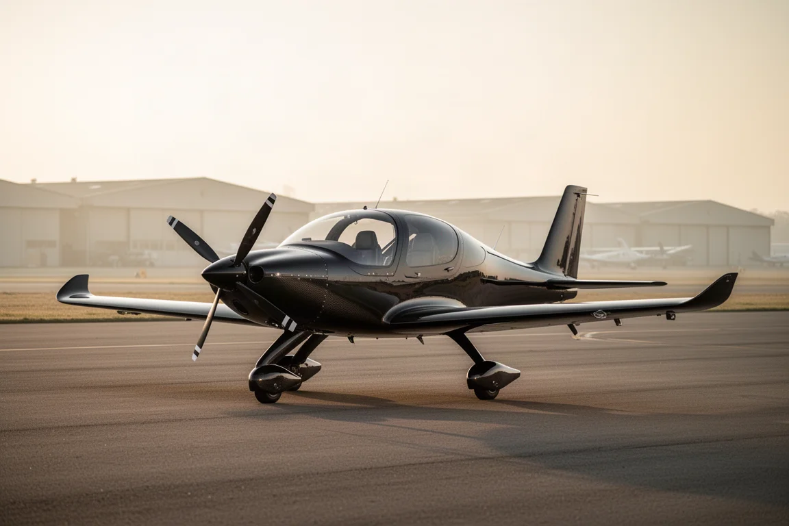 Sleek carbon fiber light aircraft parked on an airfield apron in soft light
