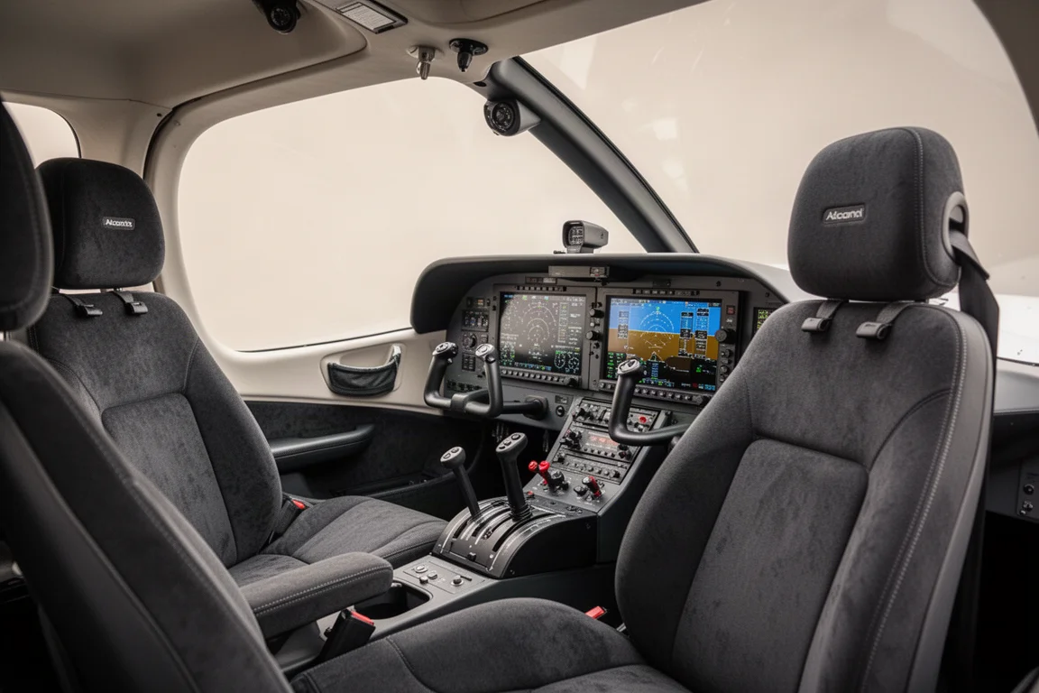 Modern trainer cockpit with glass panel and Alcantara seats