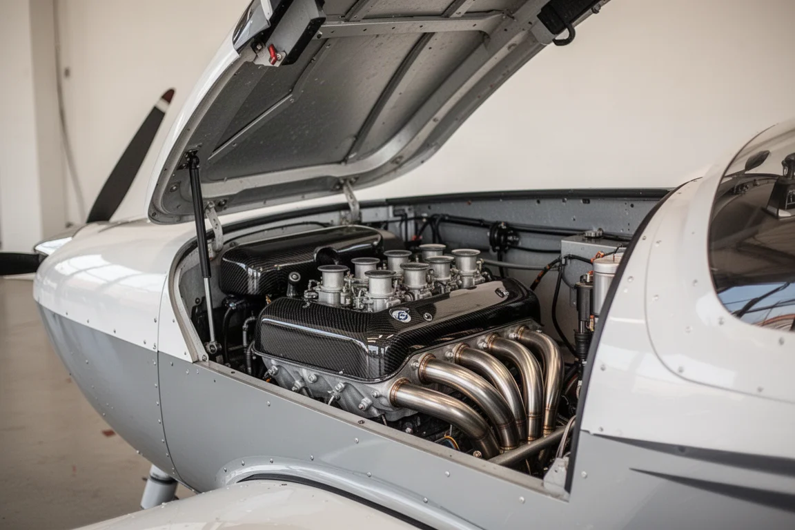 Aircraft engine cowling open revealing a piston engine and custom exhaust