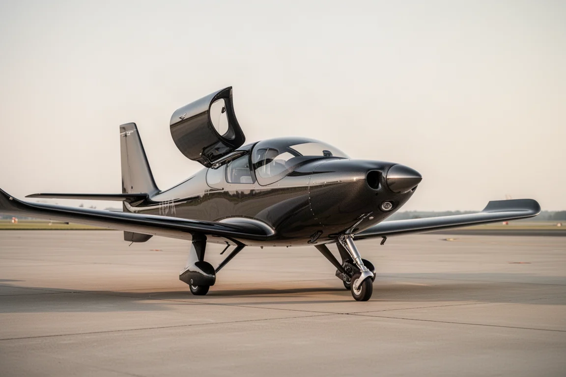 Elegantes Tiefdecker-Doppelsitzerflugzeug aus Carbon auf einem sonnenbeschienenen Vorfeld