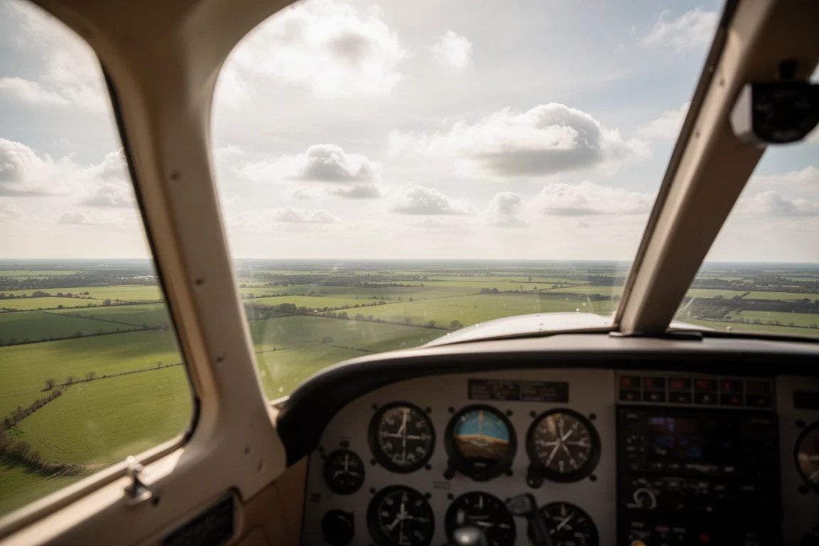 Cockpitweergave van een snelle cruise boven vlak open landschap