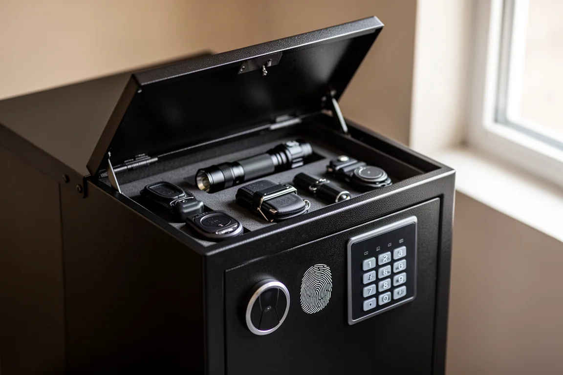 Steel safe box with fingerprint sensor opening smoothly under soft indoor light