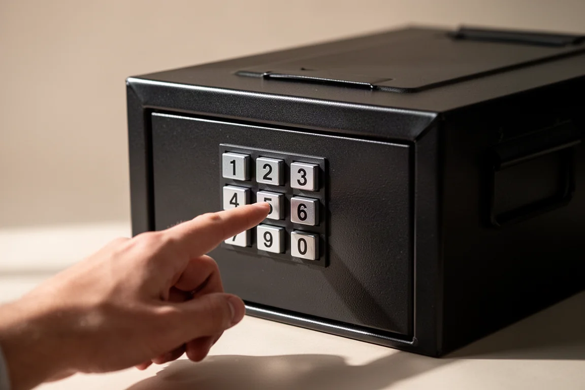 Keypad code entry on a steel safe's front panel
