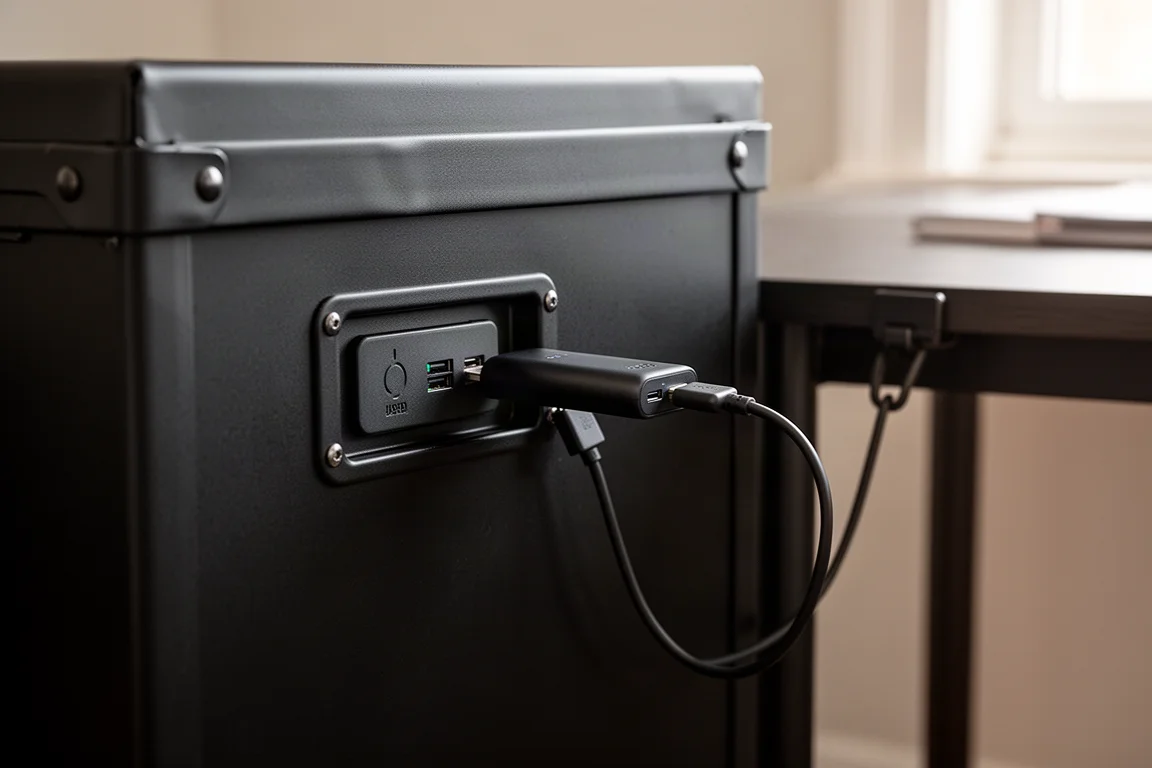 USB emergency power port on the side of a steel safe with a power bank cable