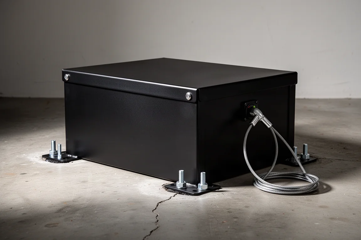 Steel safe mounted to a floor with heavy corner bolts