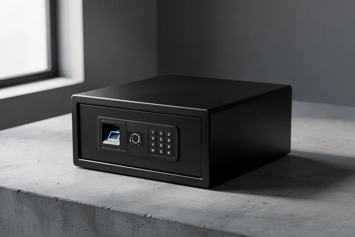 Compact matte black fingerprint safe photographed at a three-quarter angle