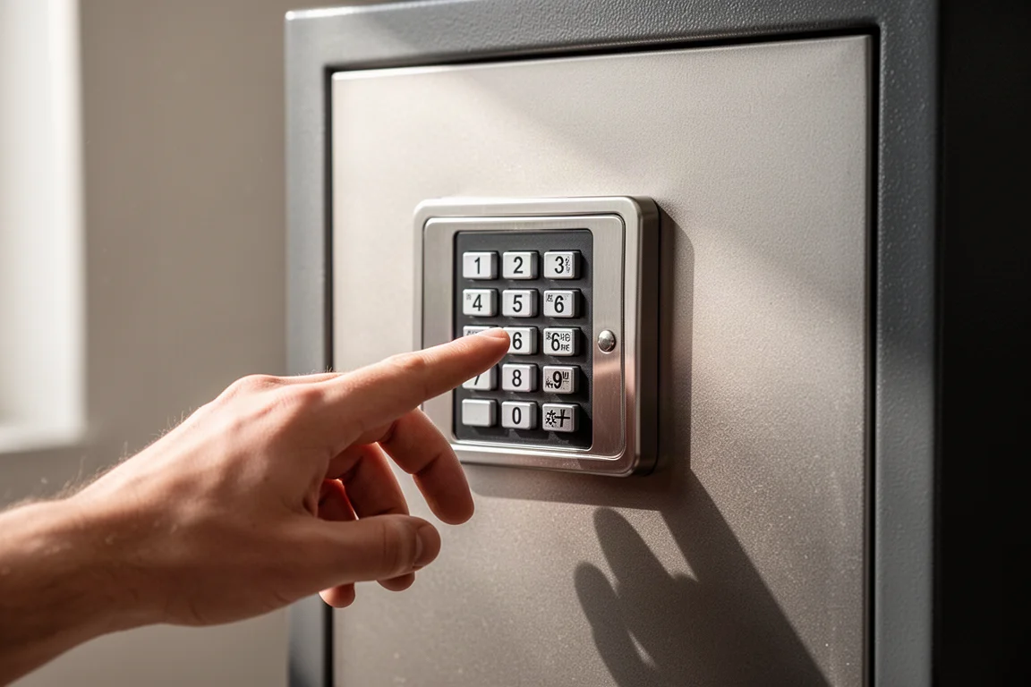 Une main saisissant un code sur le clavier d'un coffre-fort sous une lumière intérieure douce
