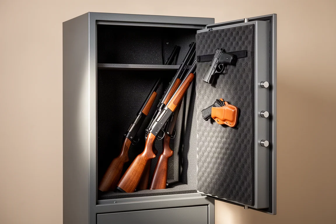 Armes longues et un pistolet rangés dans un coffre-fort compact en acier