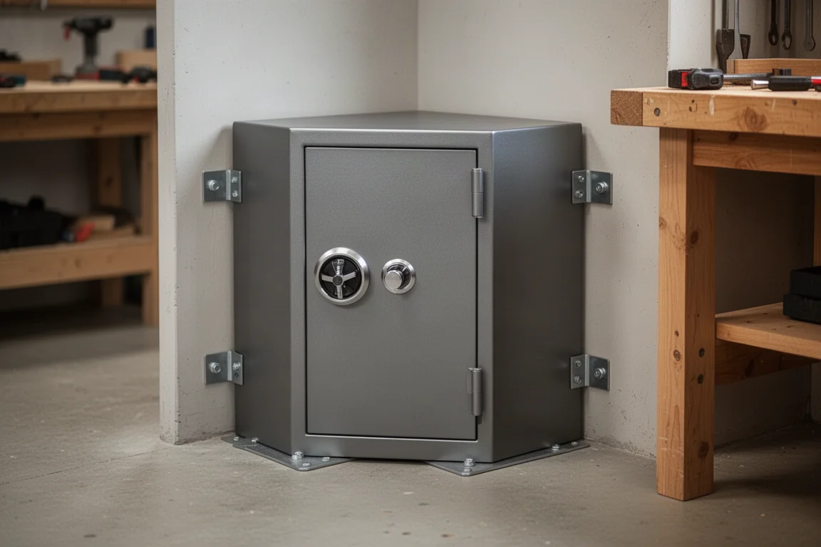 Coffre-fort fixé dans le coin d'un garage avec des boulons d'ancrage
