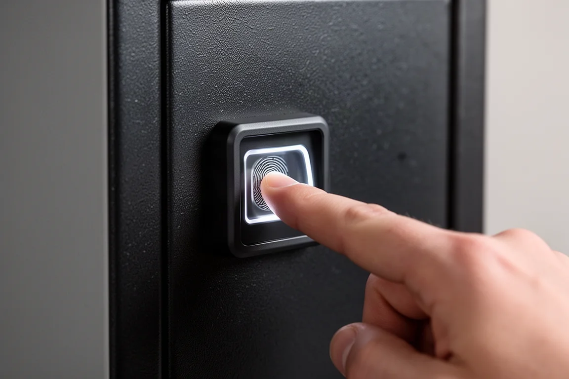 Un pouce posé sur le lecteur biométrique d'empreintes d'une porte de coffre-fort