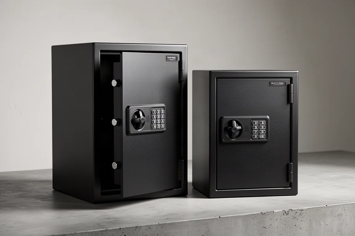 Two Blacksmith quick-access steel gun safes side by side on a concrete surface