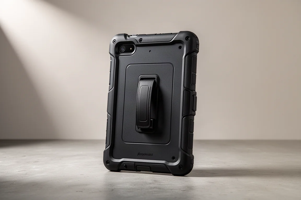 Blackview rugged Android tablet with integrated black case on concrete surface