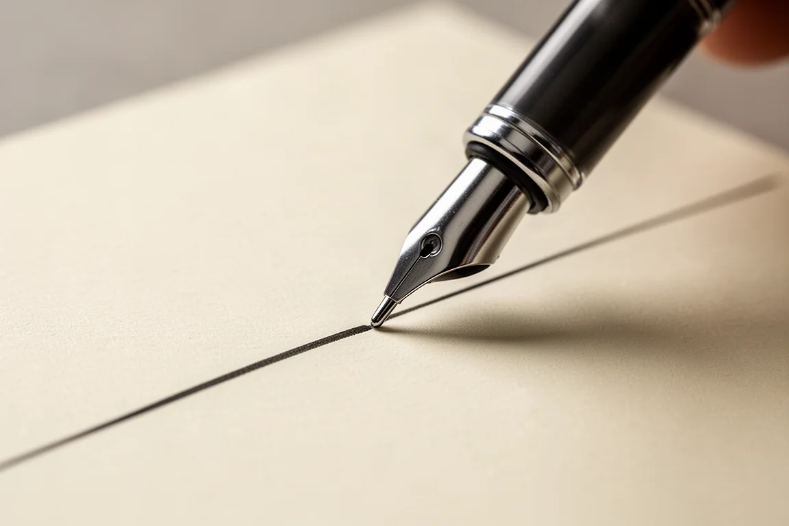 Zbliżenie na końcówkę długopisu dotykającą gładkiego papieru z świeżą linią tuszu