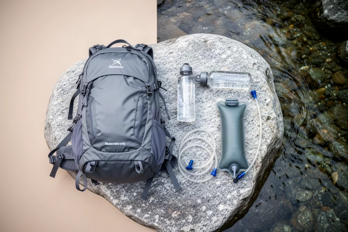 Flat-lay di uno zaino da trekking, borracce e una sacca di idratazione su granito accanto a un ruscello