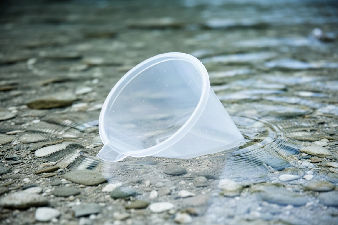 Sacca per attingere acqua a bocca larga appoggiata in acqua limpida di un ruscello poco profondo