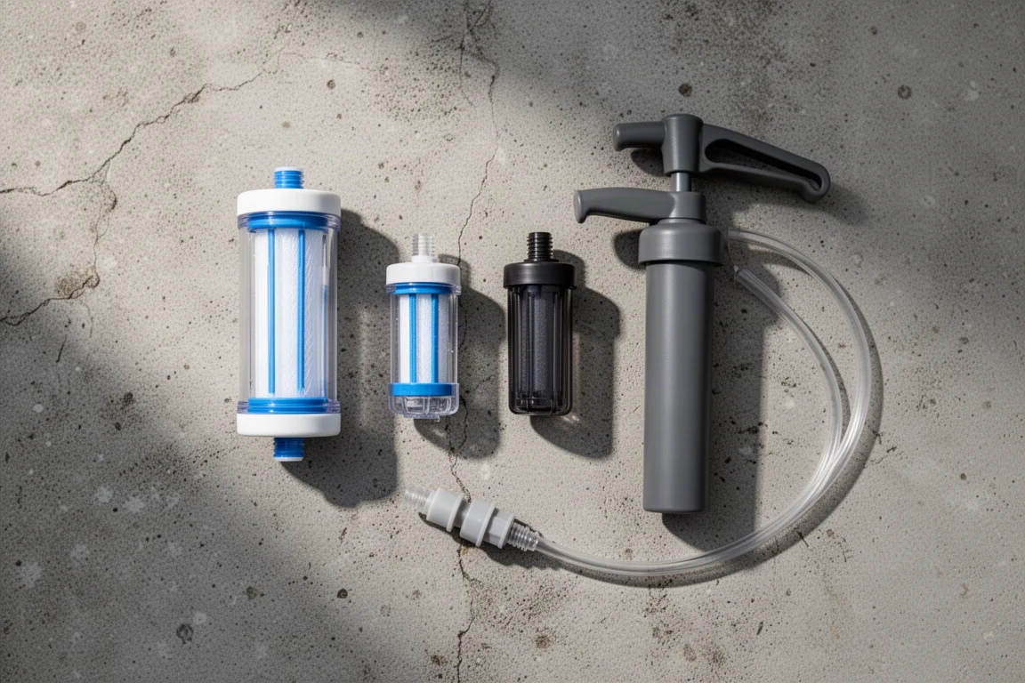 Four backpacking water filters and an inline adapter arranged on grey concrete