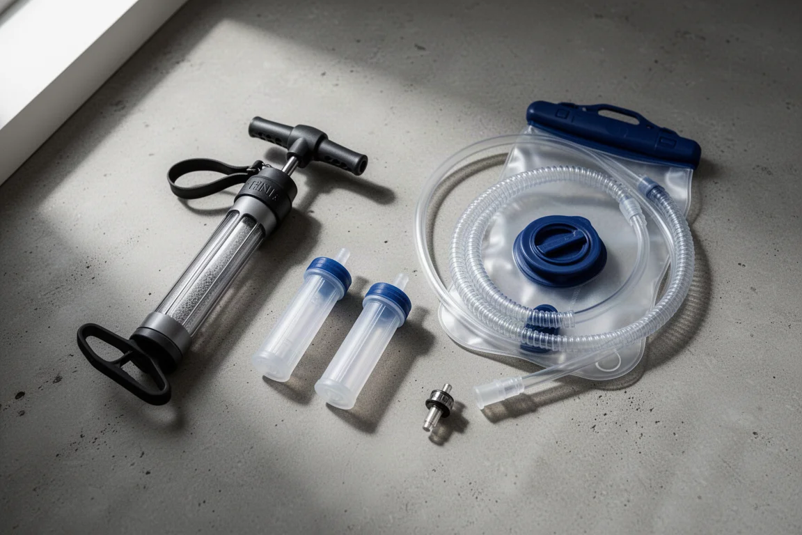 Backpacking water filters, hydration bladder, and adapter arranged on a concrete surface