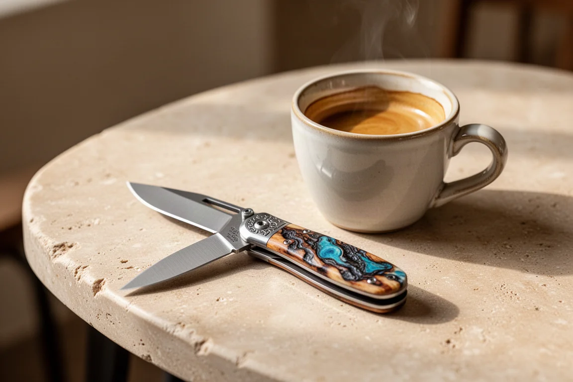 Faca dobrável compacta com escalas aftermarket sobre mesa de café