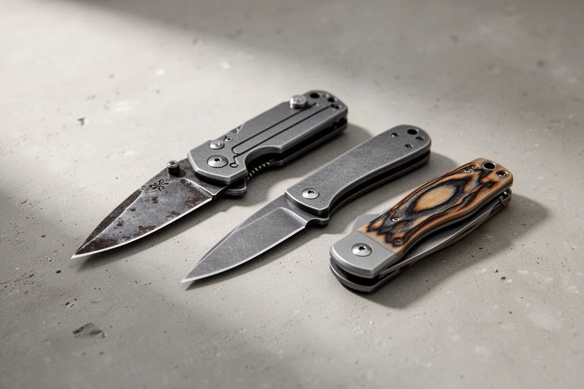 Tre coltelli EDC disposti su una superficie di cemento