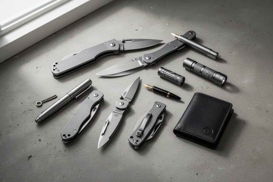 Van bovenaf genomen platliggende opstelling van EDC-messen, tools en accessoires op een betonnen bureau